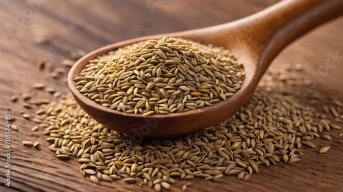 Cumin seeds or caraway in white spoon on wooden board photo