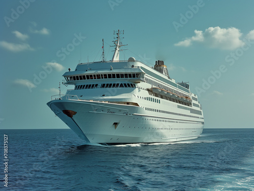a white cruise ship sailing near a clear blue sky