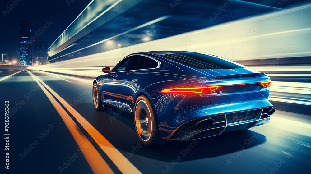 A sleek passenger car is speeding down the highway, its shiny exterior reflecting the surrounding landscape A sleek passenger car is speeding down the highway, its shiny exterior reflecting the surrounding landscape