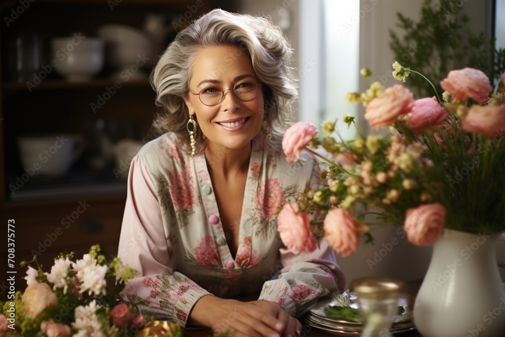 Portrait of a smiling middle-aged woman with gray hair and glasses, wearing a floral dress, standing in a room with a table full of flowers