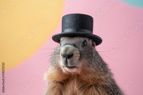 Groundhog Day Celebration. Cheerful Groundhog Wearing Cylinder Hat Isolated on the Pastel Background. Copy Space. 