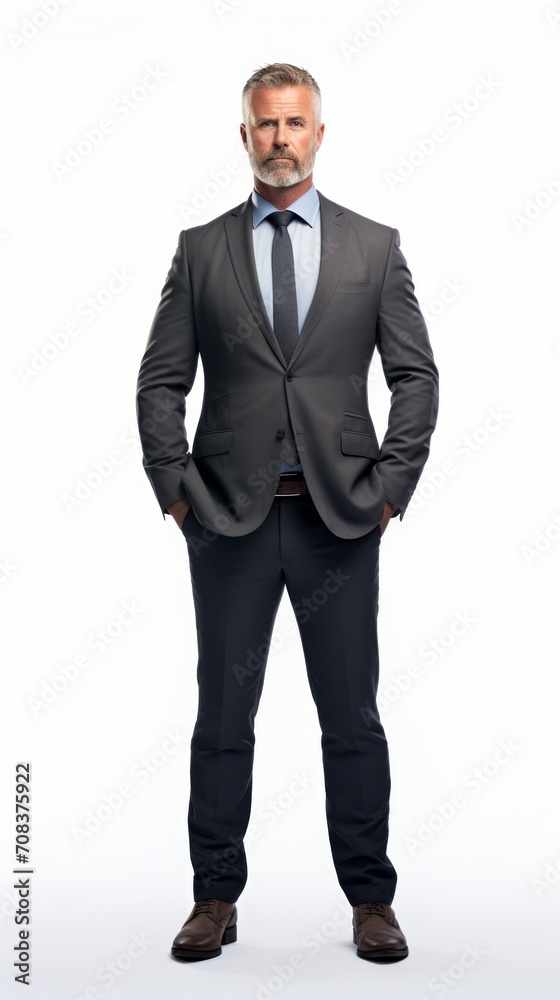 Middle-aged male businessman in a suit, slight smile, hands in pockets, standing tall against a plain white background Generative AI Middle-aged male businessman in a suit, slight smile, hands in pockets, standing tall against a plain white background Generative AI