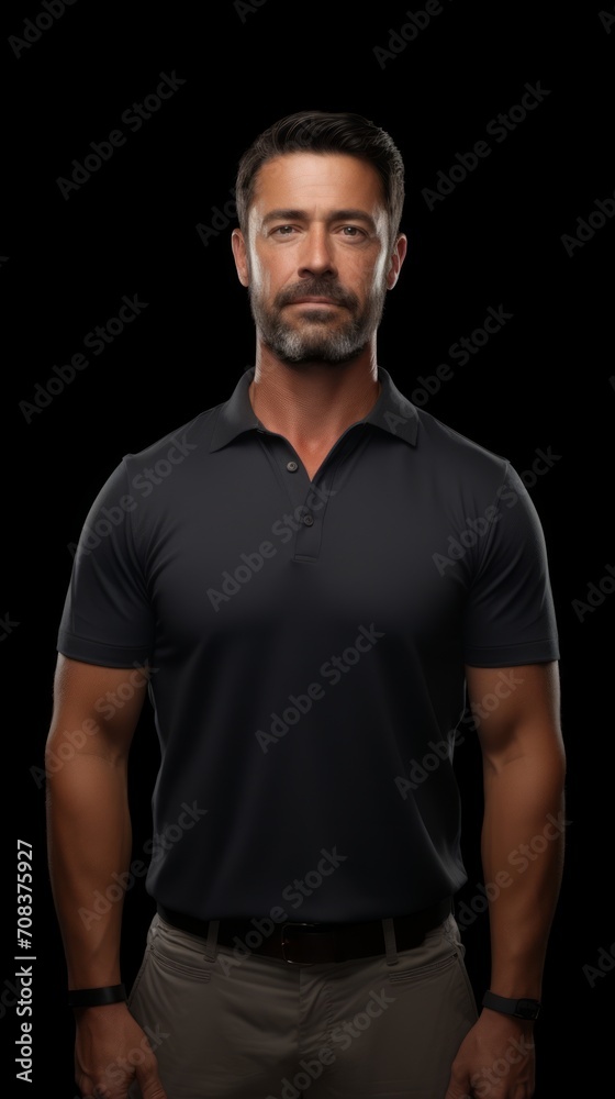 Middle-aged male delivery person with packages, gentle smile, professional posture, in full growth against a plain white background Generative AI
