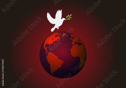 Paz en la Tierra. Paz global. Paz mundial. Paloma blanca de la paz portando una rama de olivo en el pico y sobrevolando una Tierra en conflicto
