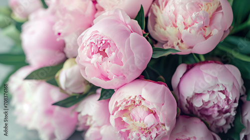Bouquet of pink blooming peonies, holiday background, pastel and soft floral card, selective focus