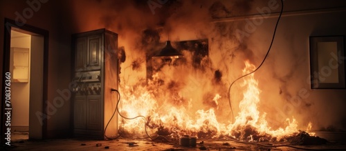 Fire in the room caused by outlets with switches catching fire due to overloaded electrical current or a short in device from multiple connected devices. The electric circuit's socket caught fire