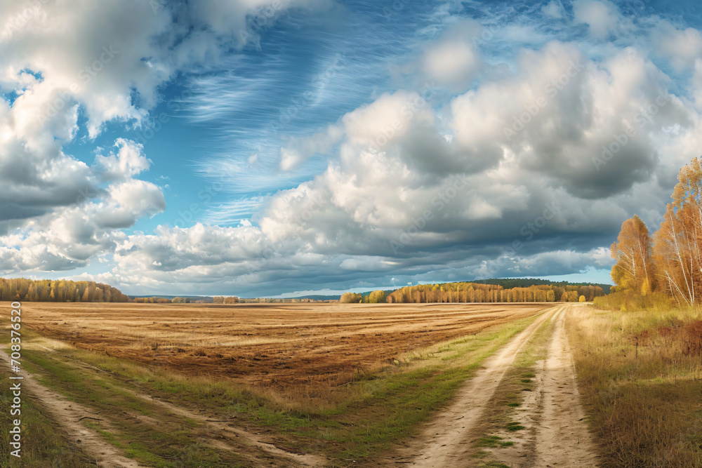 Autumn field panorama with
 road and cloudy