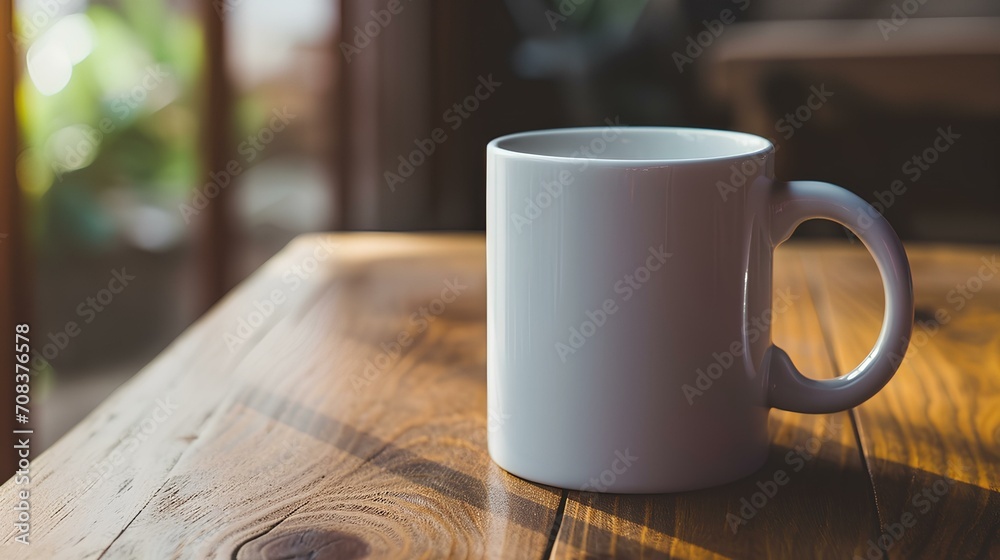 Fototapeta premium White cup, coffee mug on a table. mockup for designs. generative AI