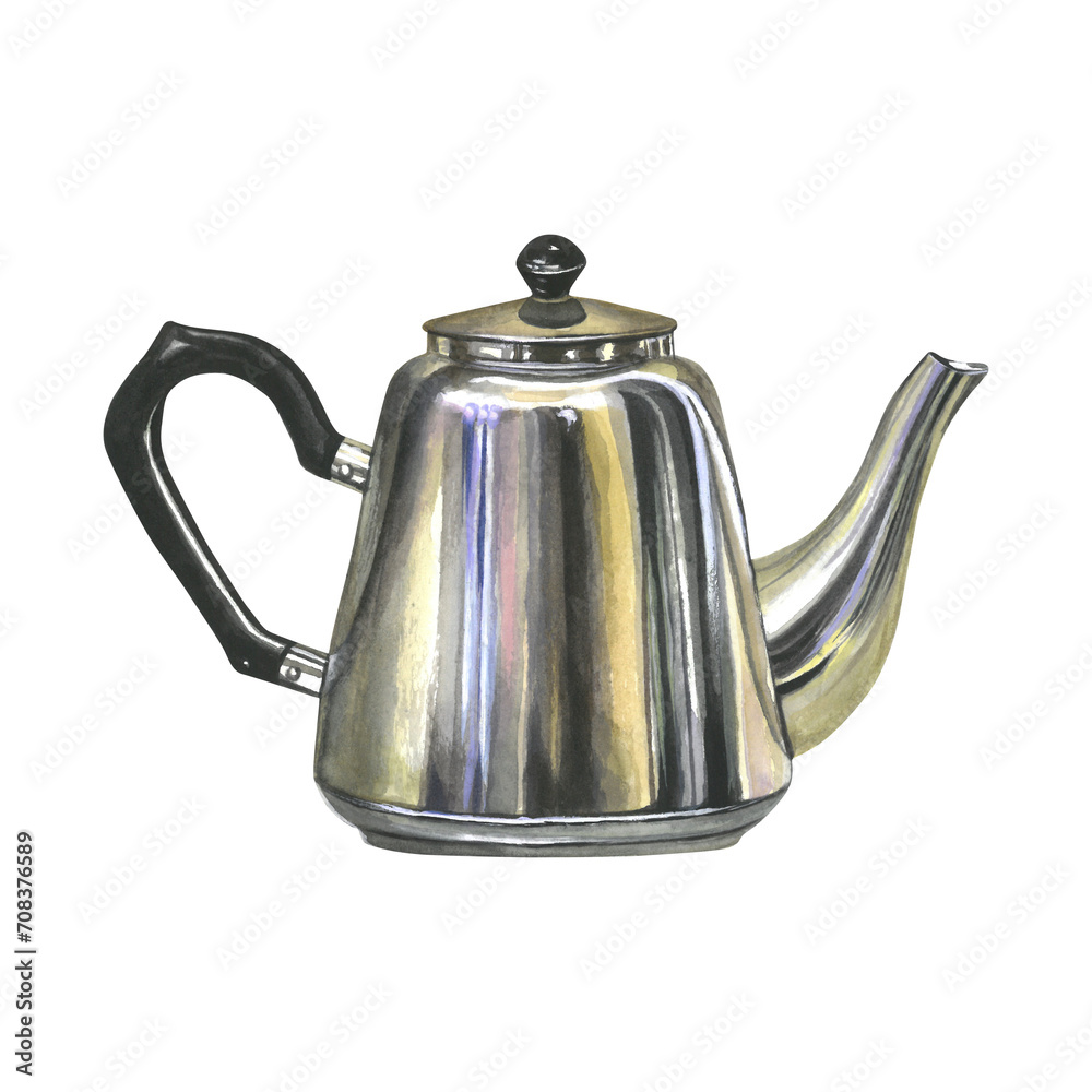 Fototapeta premium Watercolor illustration of a metal teapot isolated on a transparent background hand drawn. For the design of souvenirs and design products