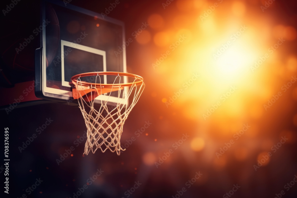 Basketball hoop against a blazing backdrop, suggesting an intense game or a moment of victory.