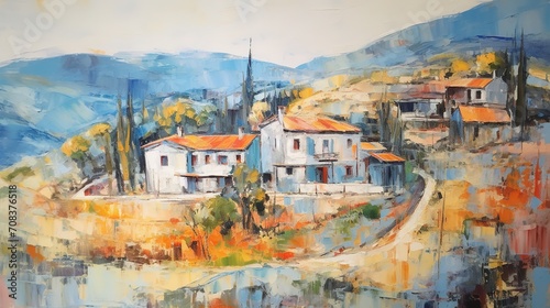 A Painting Of A House In The Mountains - Small Village in Boho Style