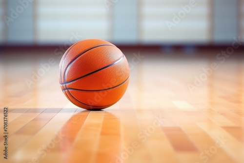 Basketball on a polished wood floor in a gymnasium.