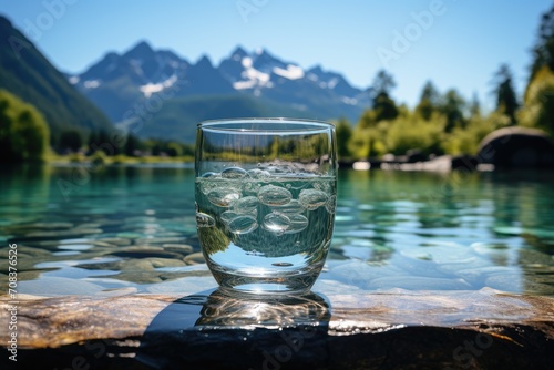 Glass with clear water against the background of mountains on a summer day.