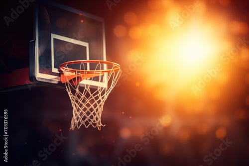 Basketball hoop against a blazing backdrop, suggesting an intense game or a moment of victory.