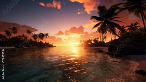 Overhead shot capturing the silhouette of palm trees on remote islands against the stunning backdrop of a vibrant sunset, casting golden reflections on the tranquil waters below. Generative AI