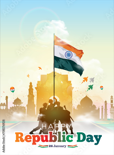 Vector poster of Republic day 26 january india gate parade background.