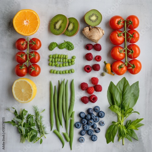 The image displays an assortment of fruits and vegetables on a light background  including tomatoes  an orange  green beans  herbs  kiwis  a large leaf  ginger  beetroot  a carrot  blueberries  a lemo