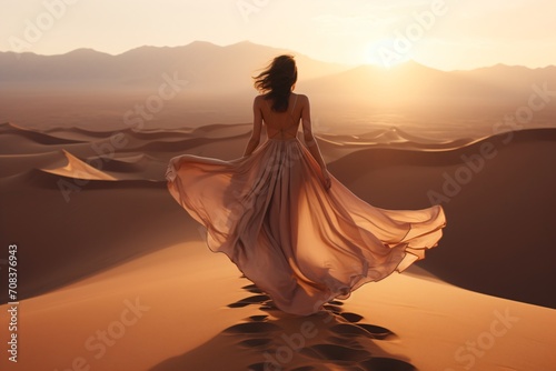 A woman walking in the desert on the sand dunes