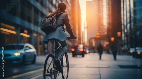 Business woman drives a bicycle in the city.