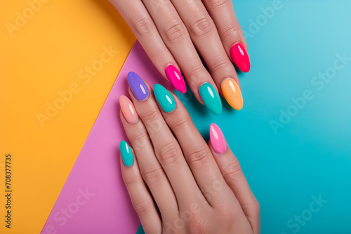 Multi-colored pastel manicure combined tone on tone with a striped background.Nail art. Female hands with trendy colorful French manicure are lying on bright multicolored background. Copy space 