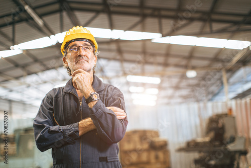 Canvastavla Senior worker engineer male standing thinking in warehouse factory building