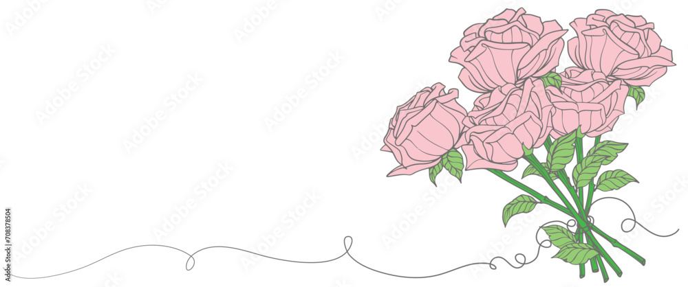 decorative rose with leaves. Rose Flower outline line art style. Vector illustration