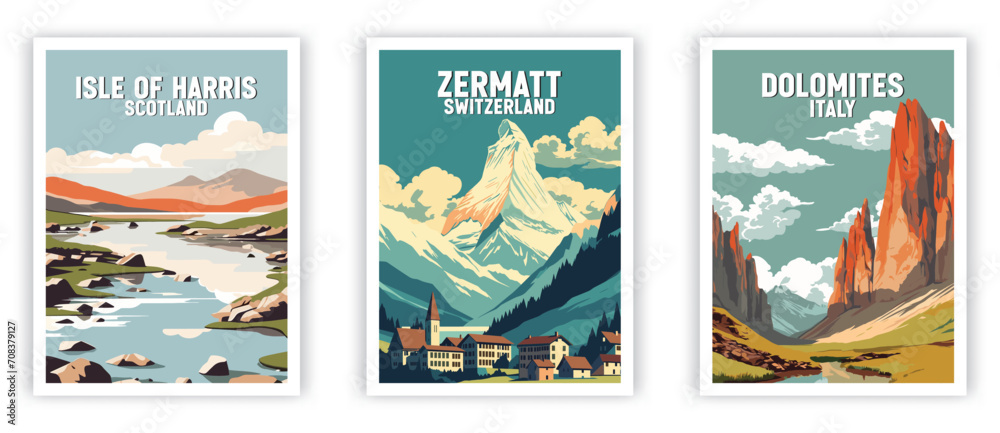 Dolomites, Isle of Harris, Zermatt Illustration Art. Travel Poster Wall Art. Minimalist Vector art