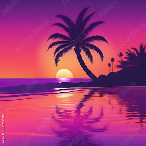 vector beach scene with sunset, palm sunday, Generated AI © mdabu