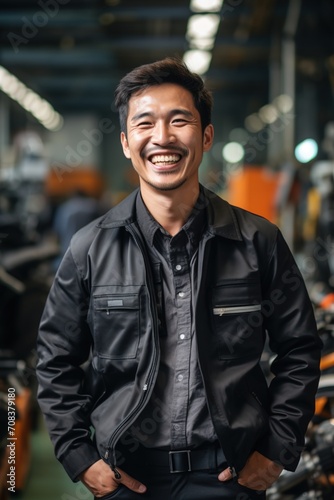 Portrait of a happy Asian man in a black jacket standing in a factory