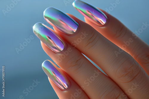 Nail art, iridescent chrome design, pastel background photo