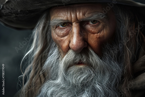 
Old man, pointed hat. sage wizard portrait. Fantasy setting photo