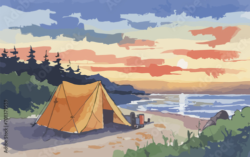 Watercolor painting camping on the sunset coast  illustration  camping bonfire coast side  seach beach camping landscape watercolor painting