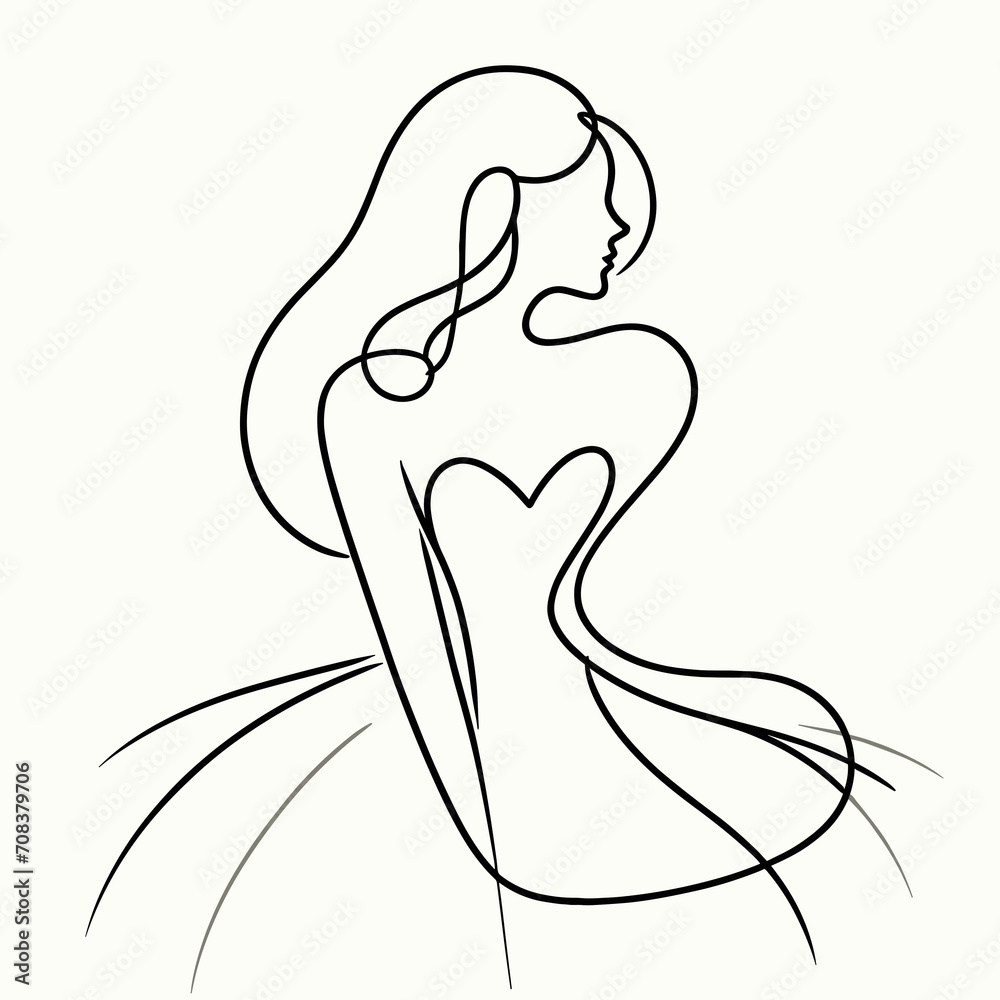 Single line minimalist illustrationwoman portrait in in evening dress .Elegant minimalist portrait for prints, tattoos, posters, textiles, cards. Vector illustration Single line minimalist illustrationwoman portrait in in evening dress .Elegant minimalist portrait for prints, tattoos, posters, textiles, cards. Vector illustration