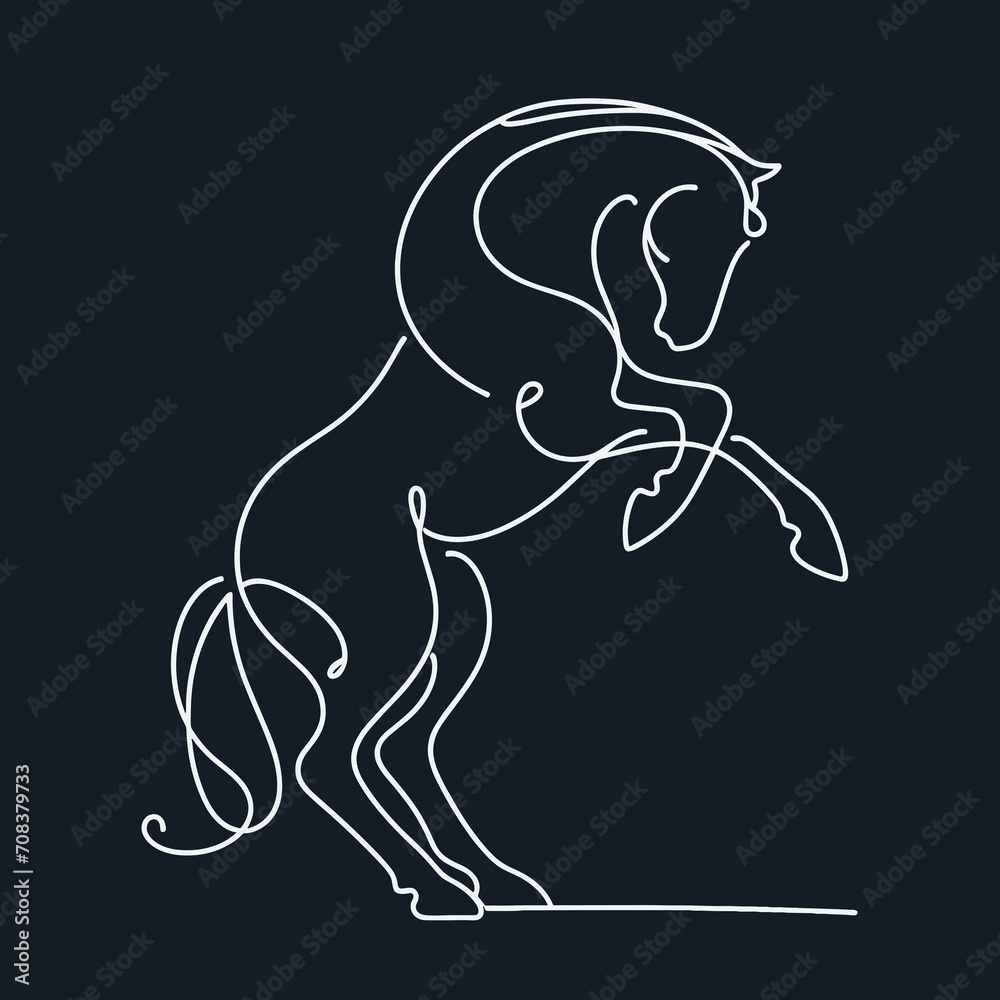 Single line drawing of horse logo template, emblem, banner, poster, tattoo design. Beautiful horse stands on its hind legs minimalist black linear sketch isolated on a black background. Vector illustr