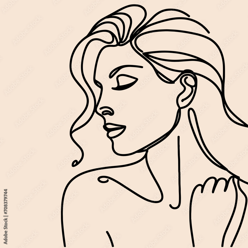 Continuous one-line portrait. A woman's face is an unbroken line. Elegant minimalist portrait for prints, tattoos, posters, textiles, cards. Vector illustration Continuous one-line portrait. A woman's face is an unbroken line. Elegant minimalist portrait for prints, tattoos, posters, textiles, cards. Vector illustration