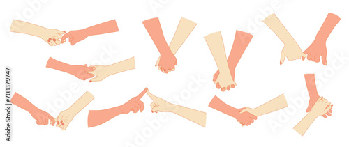 set of Two hands holding together, Different gestures,love relationship concept,for lover or Valentine's Day graphic design,vector illustrations isolated on white background