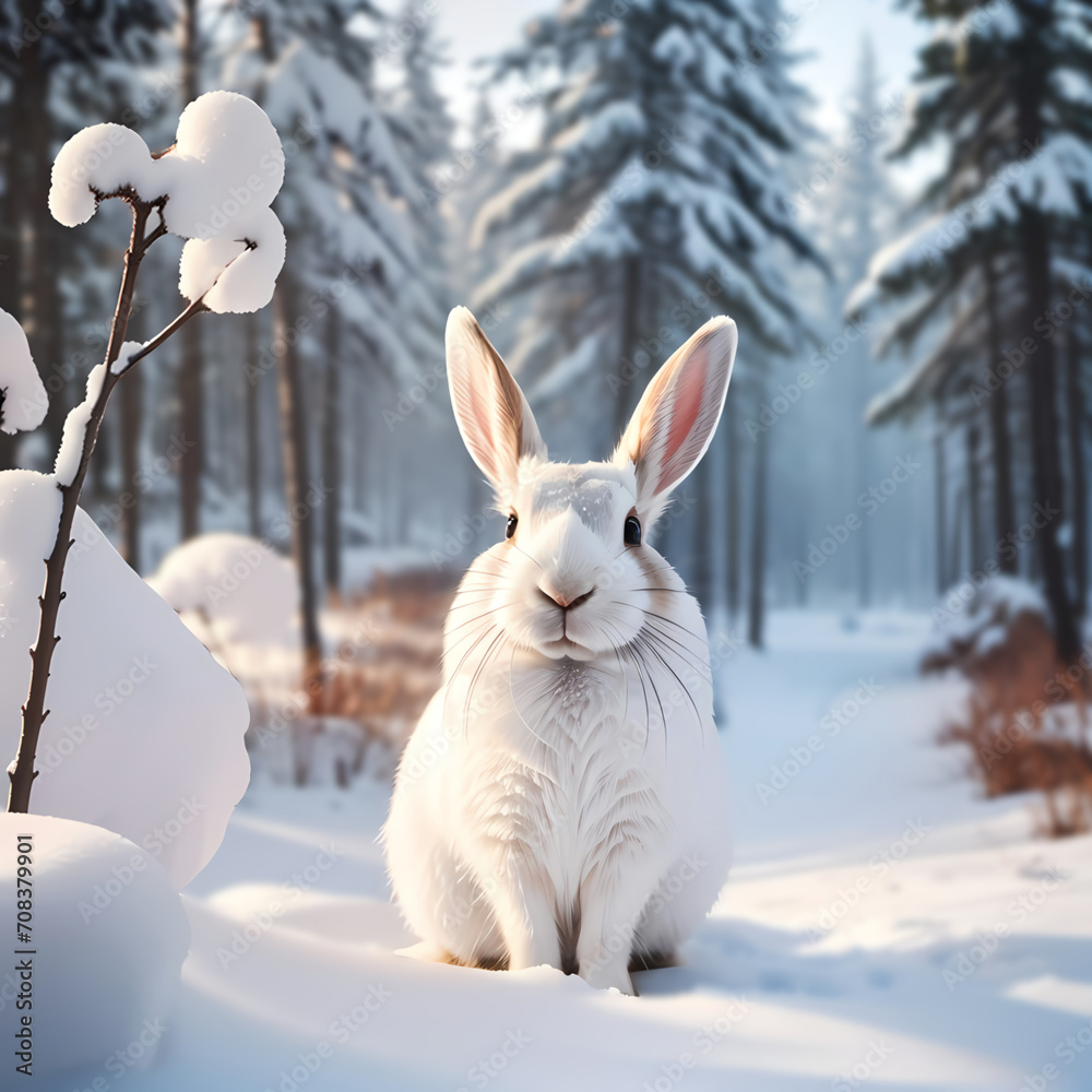 photo cute rabbit in snow forest photo cute rabbit in snow forest