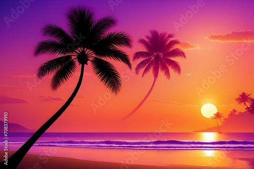 vector beach scene with sunset  palm sunday  Generated AI