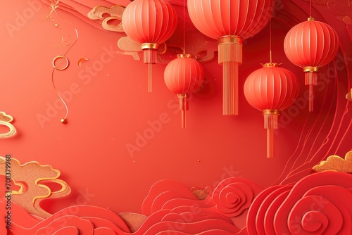 3d China new Year upon golden color floating clouds with hanging lanterns background, Happy New Year