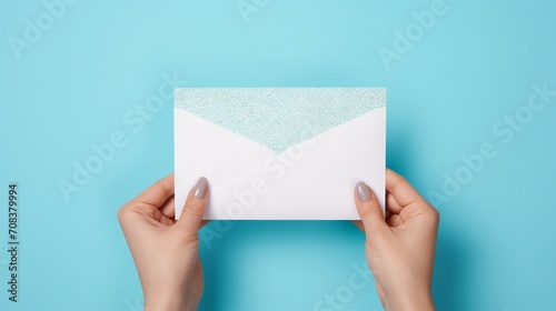 Capturing the Magic: First Person View of Stylish Hands Holding a Blue Envelope and White Card Over Sequins on Isolated Pastel Blue Background, Perfect for Festive Greeting Cards and Invitations
