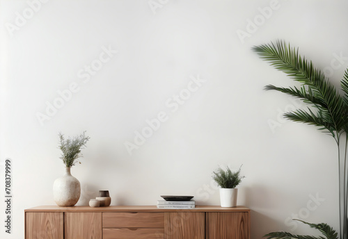 copy space interior wall mock up with cabinet and vase ai generated