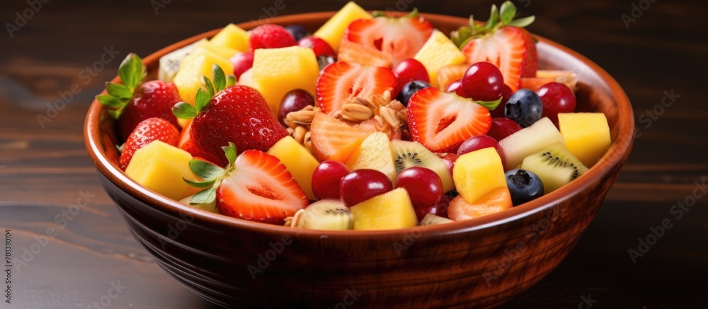 Healthy fruit salad with fresh pineapple, strawberries, and nutritious fruits in a plastic bowl. Healthy fruit salad with fresh pineapple, strawberries, and nutritious fruits in a plastic bowl.