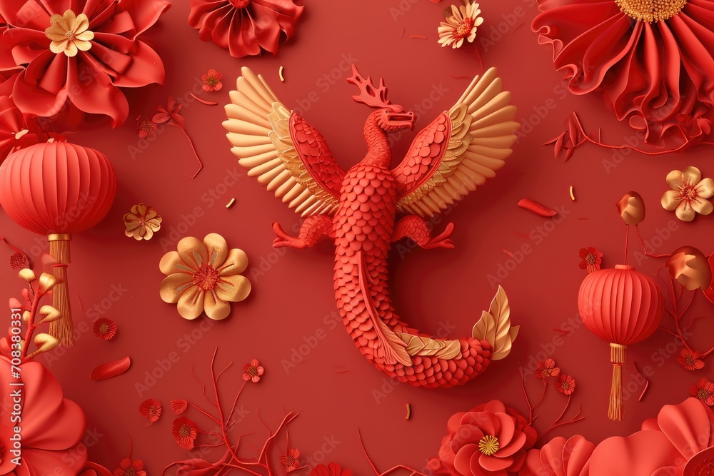 3d China new Year   upon golden color floating clouds with hanging lanterns background, Happy New Year