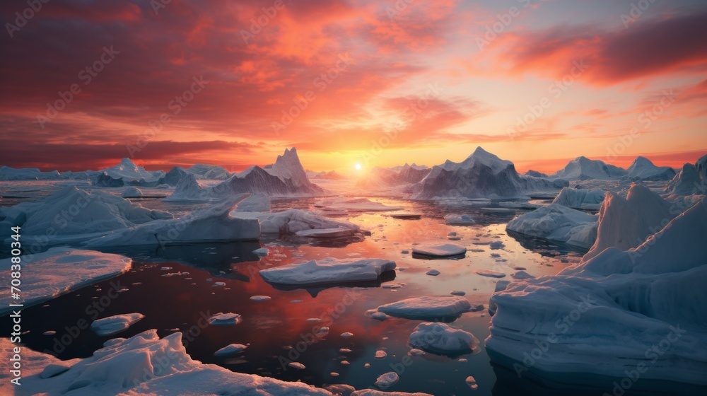 Setting sun over Antarctic glaciers Generative AI