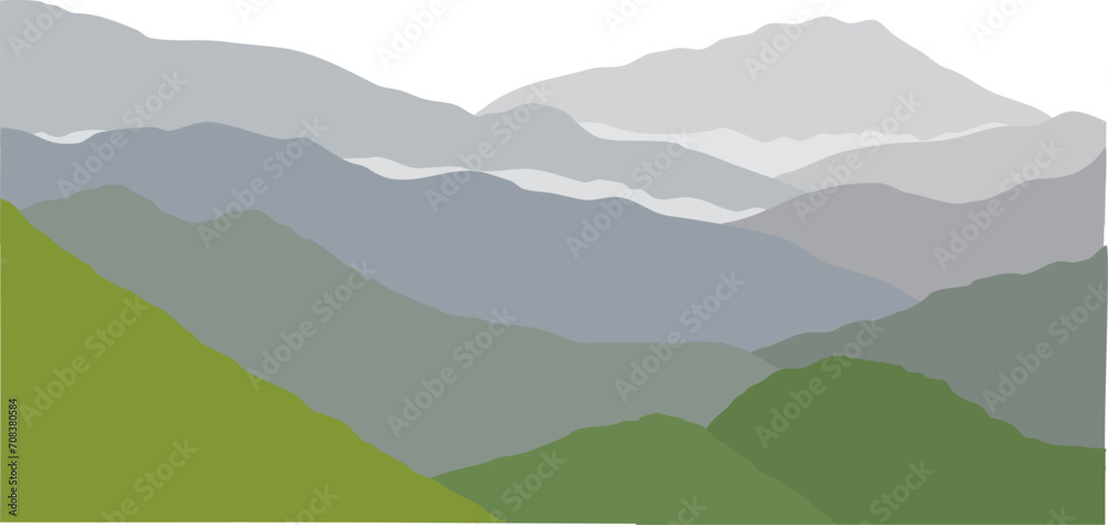 Minimalist Mountain Landscape Vector. Layered Green and Gray Hills, Tranquil Natural Scenery, Abstract Nature Art, Serene Mountain View Illustration, Outdoor Wilderness Design, Eco-friendly Wallpaper