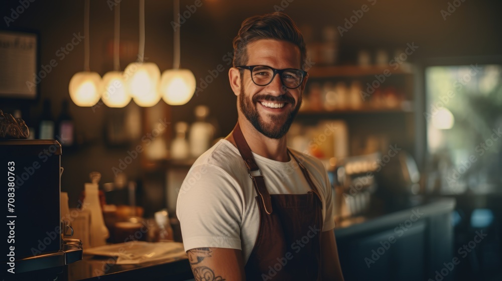 Fototapeta premium Barista portrait on a blurred background. Hipster barista man with beard.
