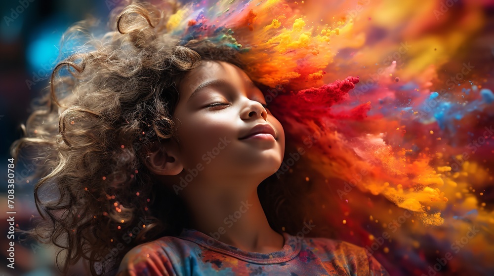 A little girl enclosed in a vibrant paint explosion with her eyes closed, Generative AI.