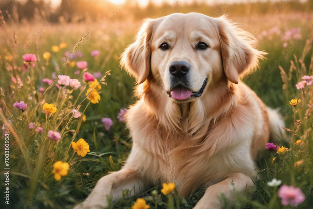 A golden retriever in the grass, spring meadow full of colorful flowers A golden retriever in the grass, spring meadow full of colorful flowers
