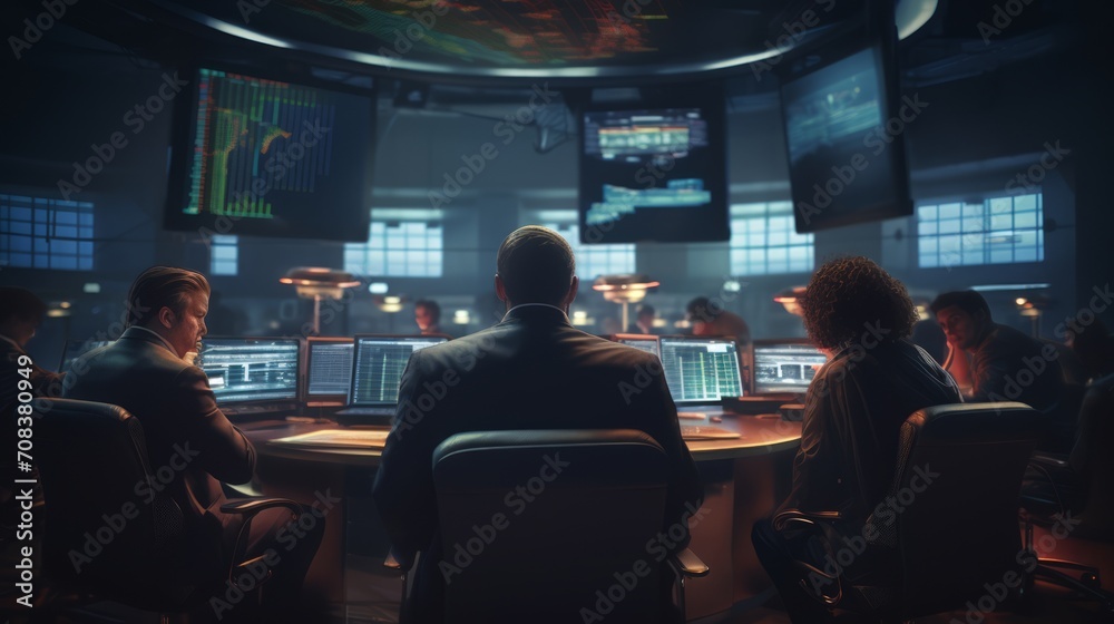 Fototapeta premium Stock exchange trading floor with stockbrokers interacting, making deals, and communicating on the phone Generative AI