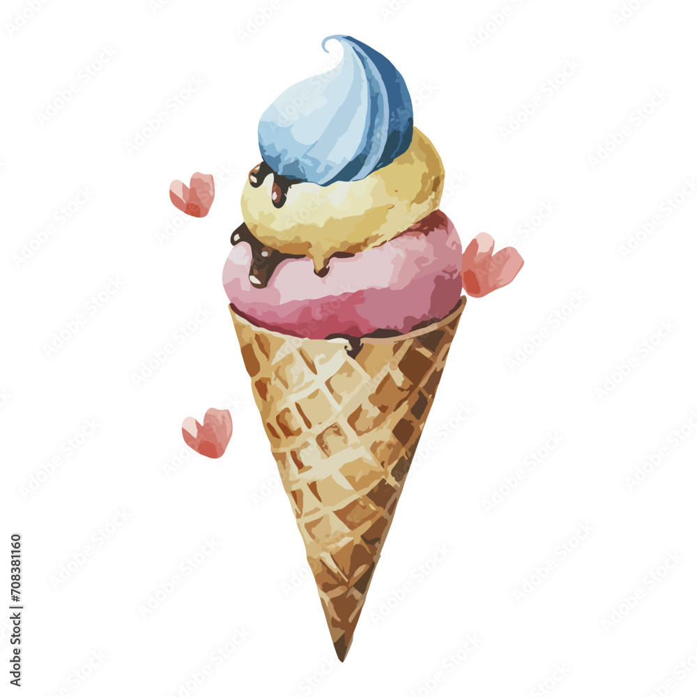 watercolor cone ice-cream with hearts illustration design, isolated watercolor cone ice-cream with hearts illustration design, isolated